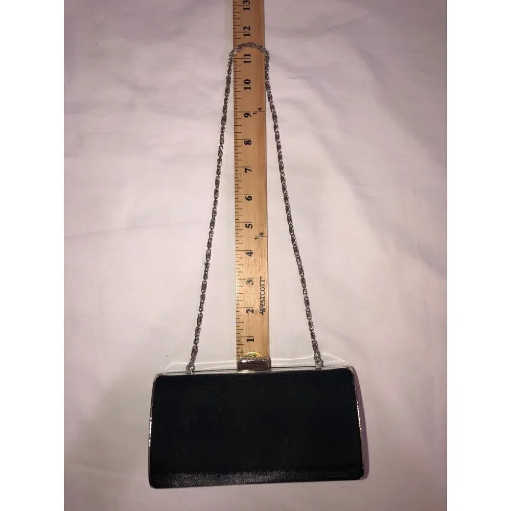 Clutch Handbag Satin Black Silver Chain Sparkle Clam Shell Evening Formal